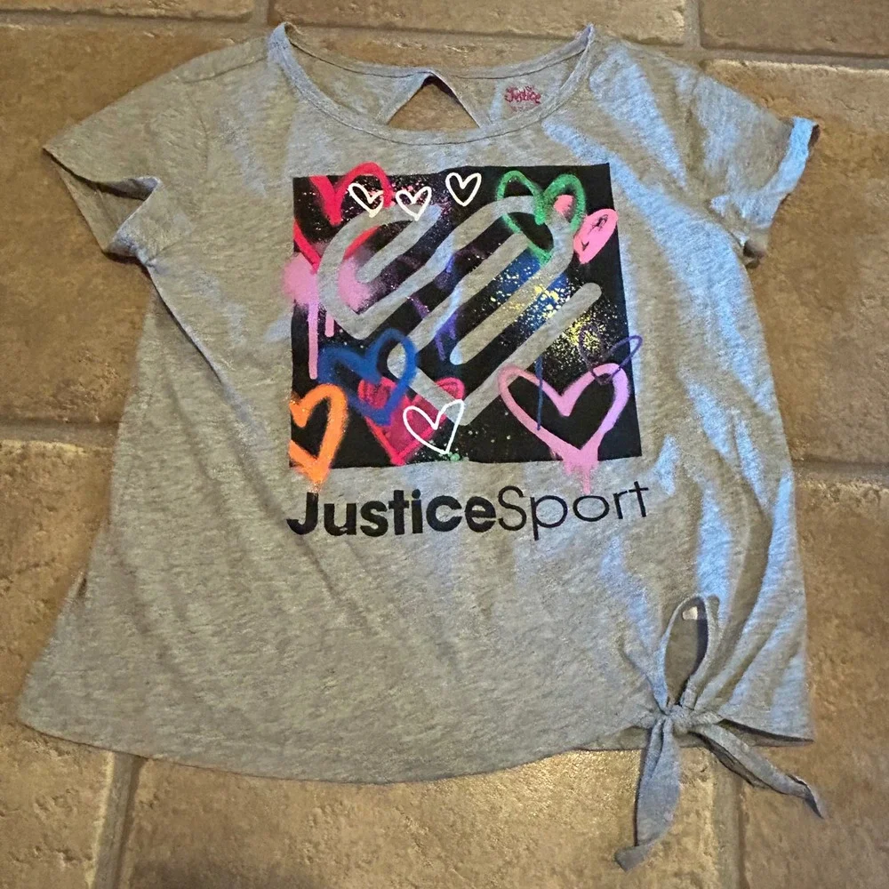 Justice Sport Girls Gray Heather Heart Graphic Side Tie Keyhole Back Tee Size S